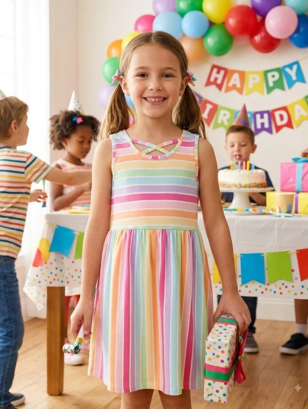 The Children’s Place Girls Pastel Rainbow Stripe Crisscross Neck Dress - Size L